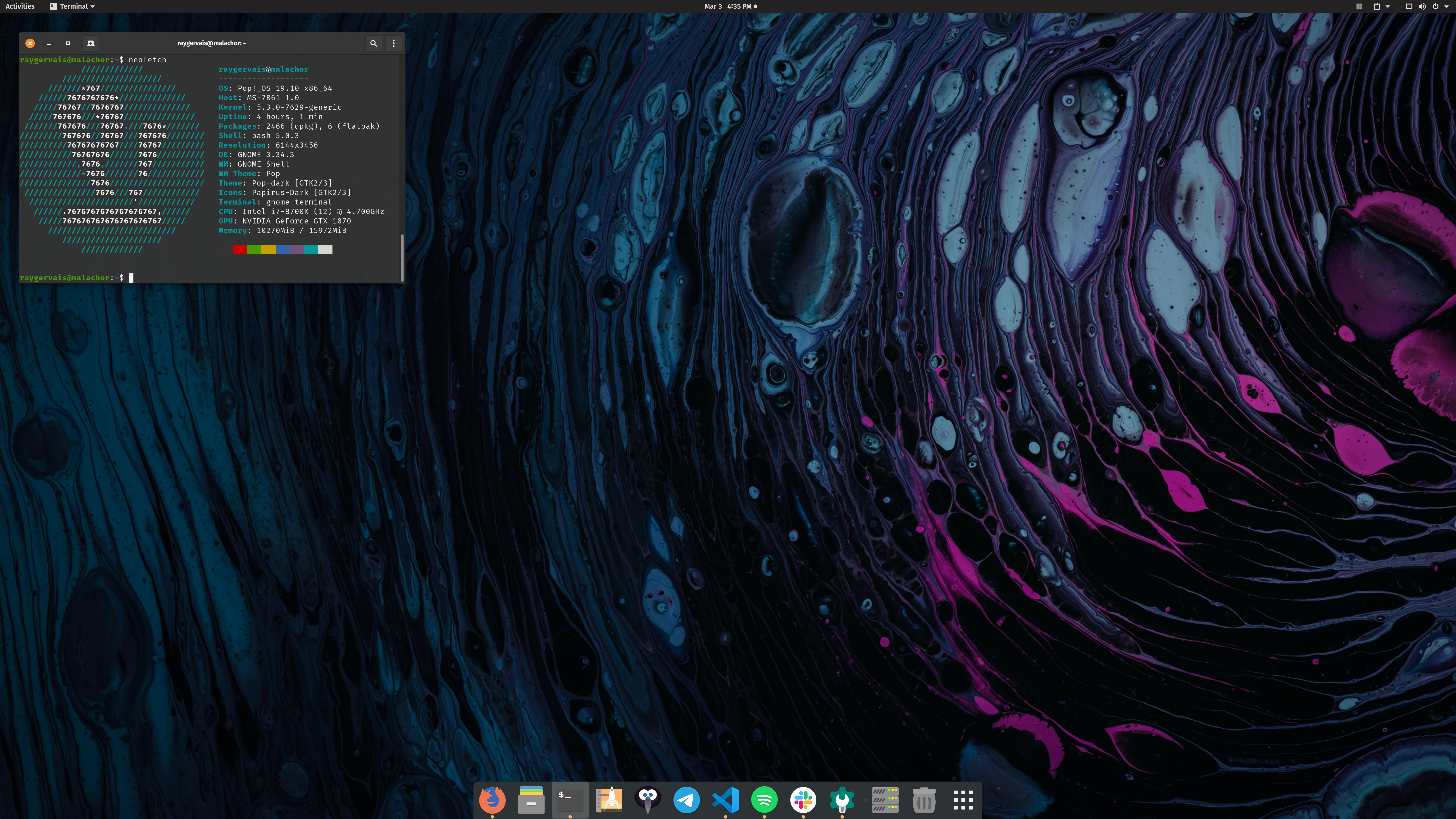 Pop!OS System with Neofetch displaying in Terminal and common Dock applications listed