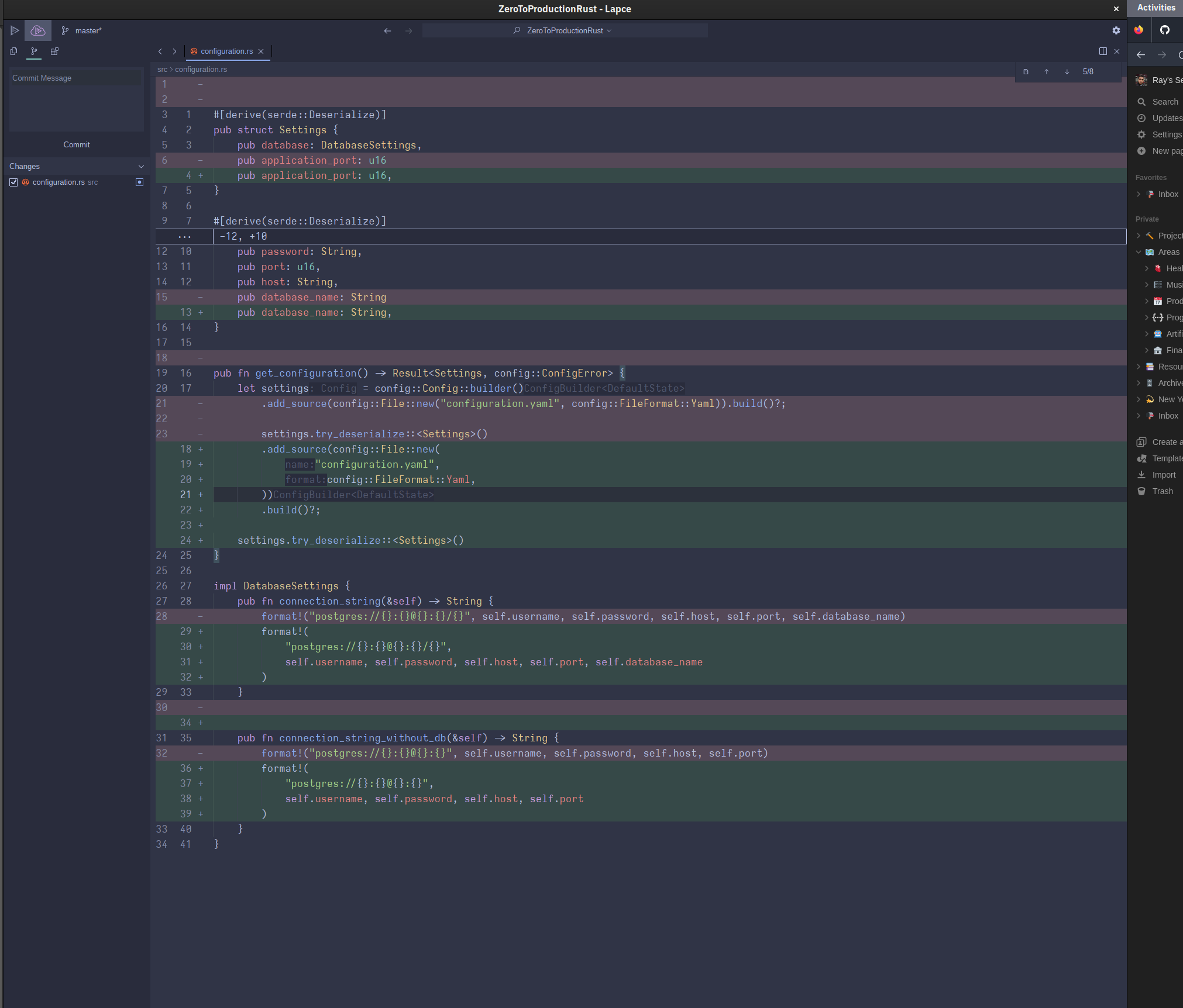 Catppucinn Frappe theme showing the Git Diff view