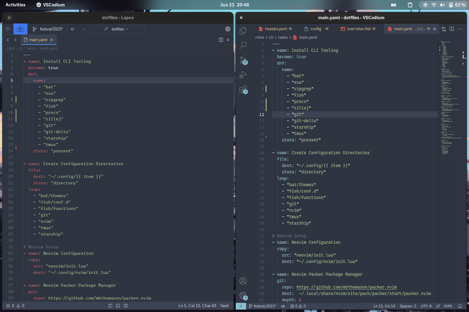 Nord theme on Lapce (left), and VSCodium (right)