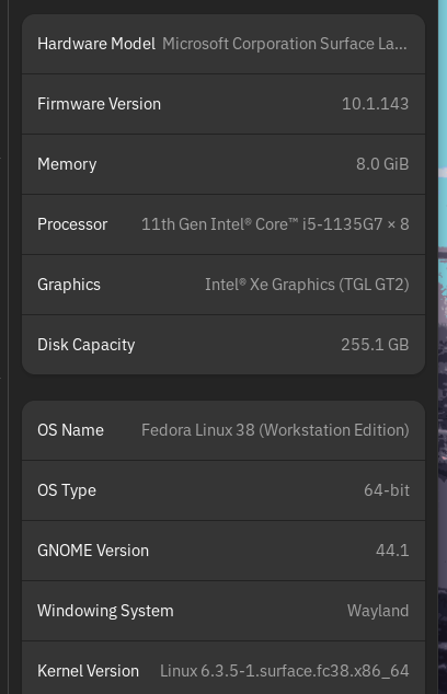 Microsoft Surface Laptop Go 2 + Fedora 38